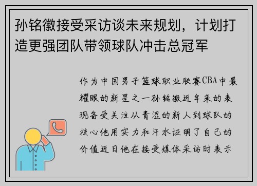 孙铭徽接受采访谈未来规划，计划打造更强团队带领球队冲击总冠军